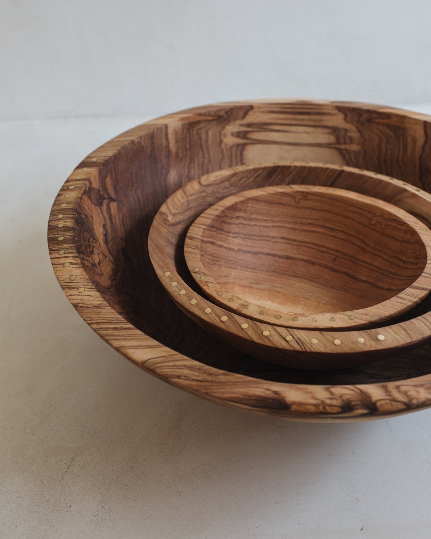 Olive Wood and Brass Nesting Serving Bowls- Set of 3