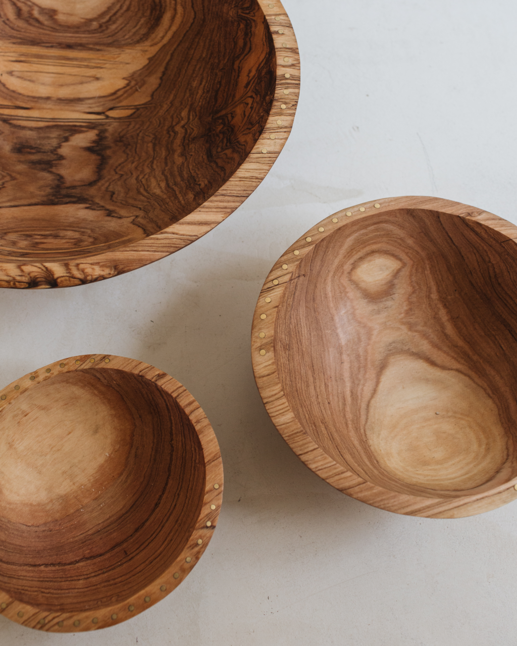 Olive Wood and Brass Nesting Serving Bowls- Set of 3