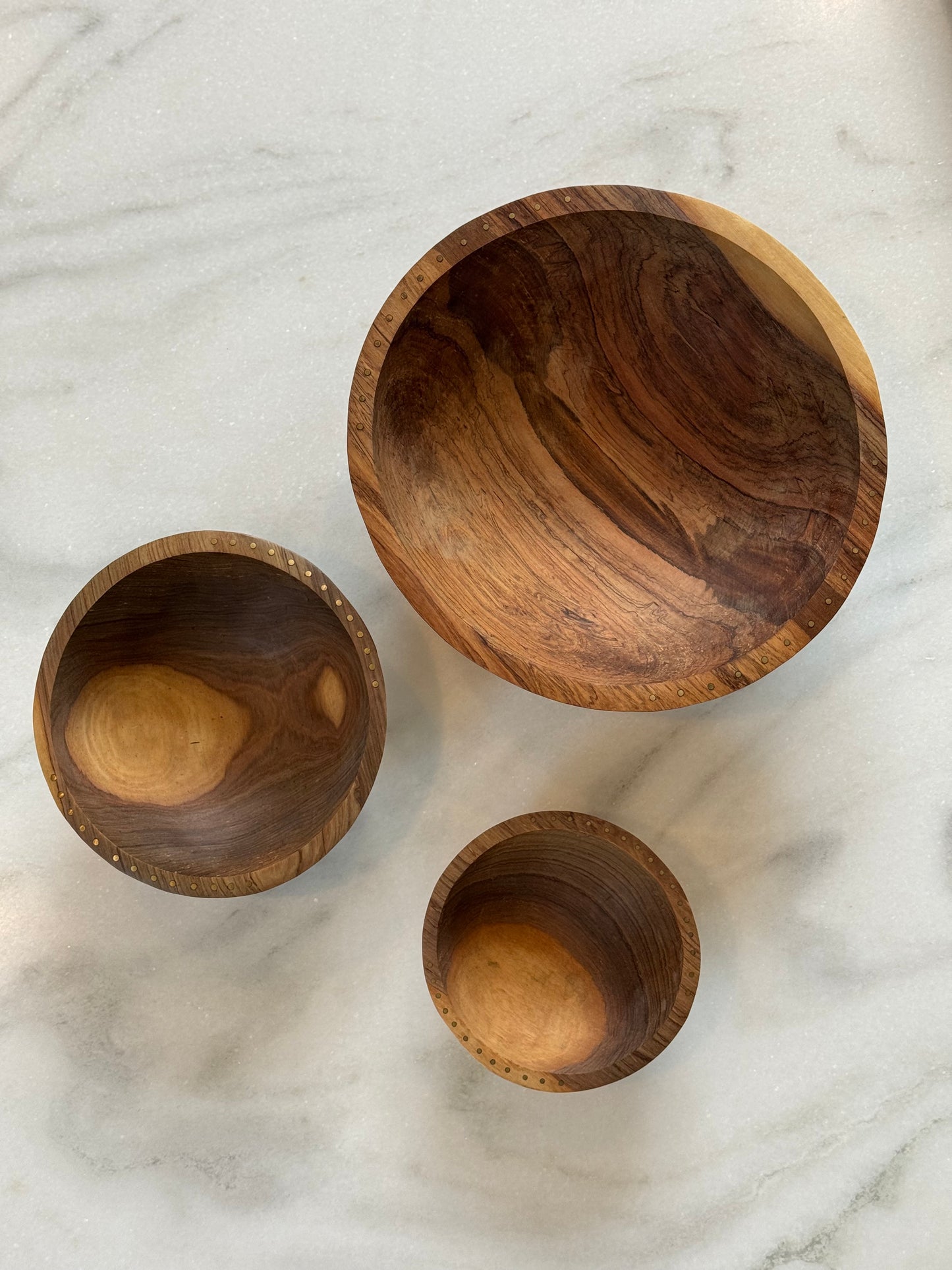 Olive Wood and Brass Nesting Serving Bowls- Set of 3