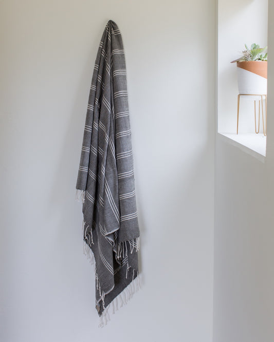 Kitchen or Bathroom Hand Towel Grey with Natural Stripe set of 2