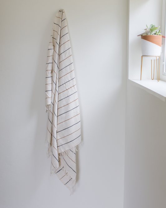 Kitchen or Bathroom Hand Towel Natural with Black and Bronze Stripes set of 2