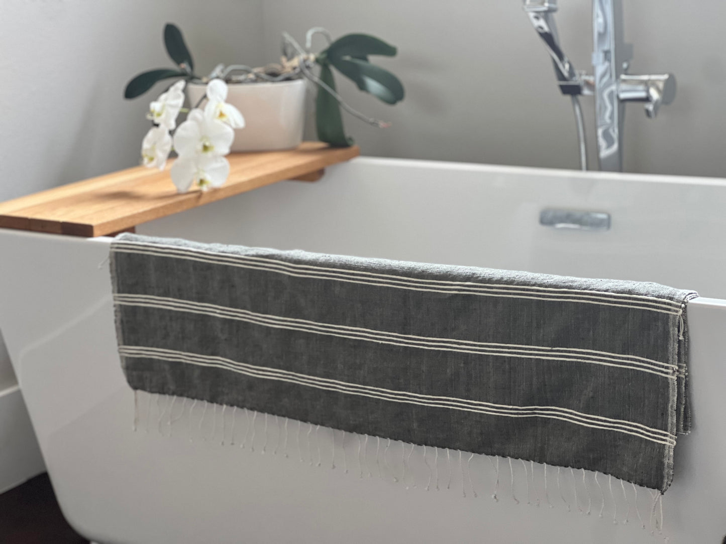 Large 100% Cotton Towel Grey with Natural Stripes