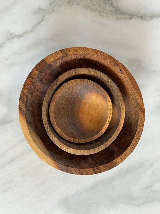 Olive Wood and Brass Nesting Serving Bowls- Set of 3